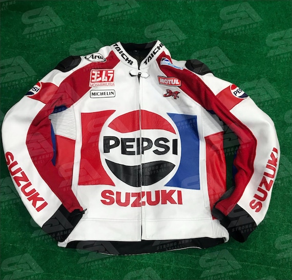 Suzuki Pepsi Racing Leather Jacket, Motorcycle Biker Gear With CE