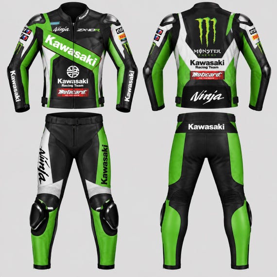 Kawasaki Racing Suit, 1.2mm Cowhide Leather, CE Armor Protection