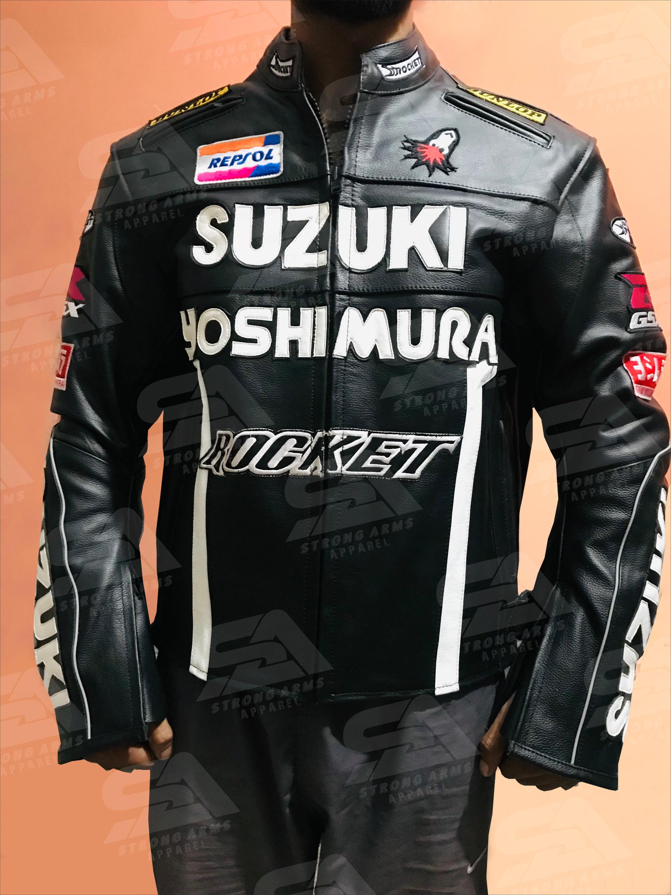 Suzuki GSXR Black Leather Motorcycle Jacket: Custom Biker Racing
