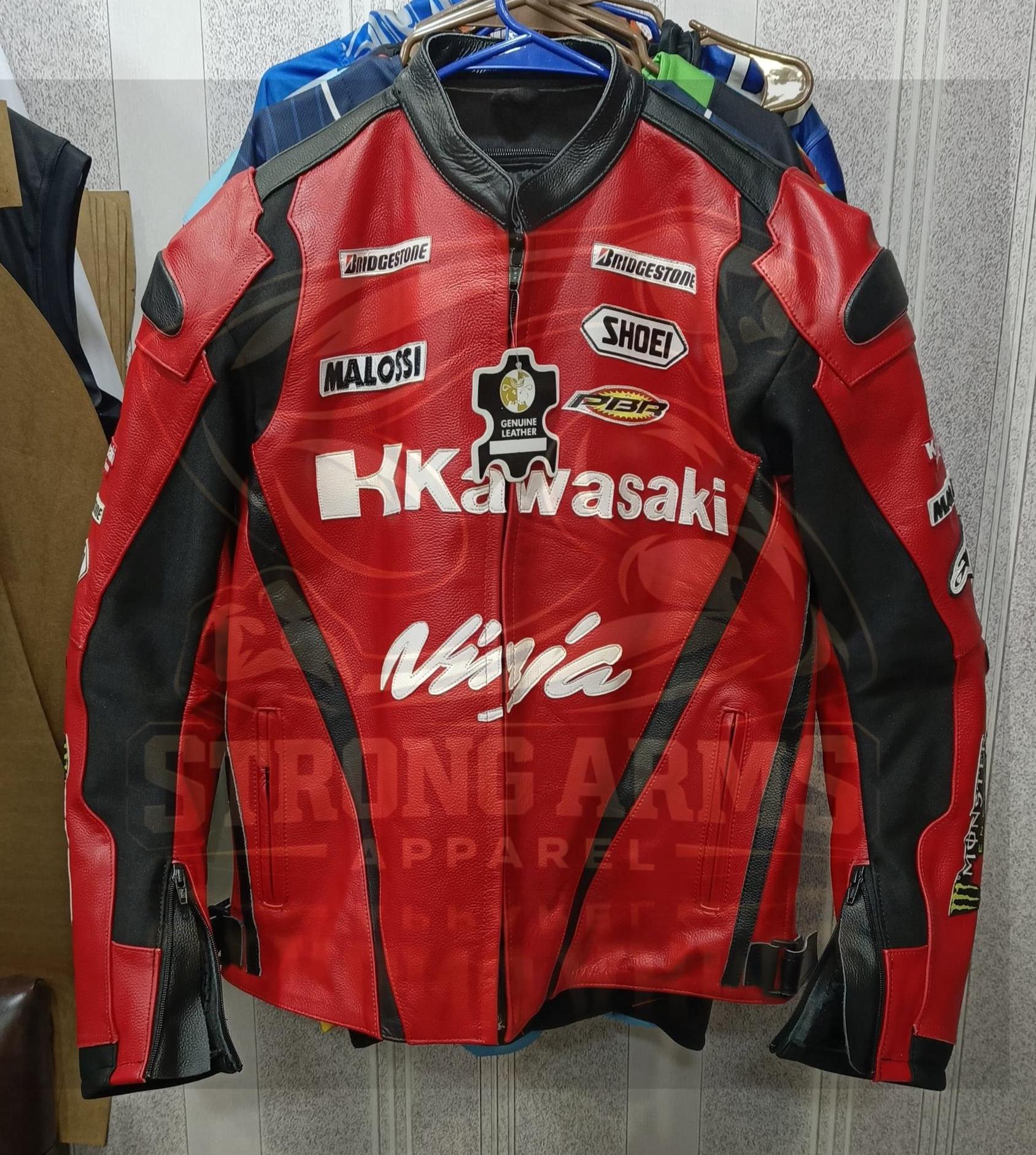 Kawasaki Ninja Red Racing Leather Jacket Men's Biker CE Armor