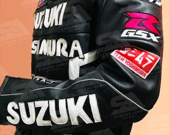 Suzuki GSXR Black Leather Motorcycle Jacket: Custom Biker Racing