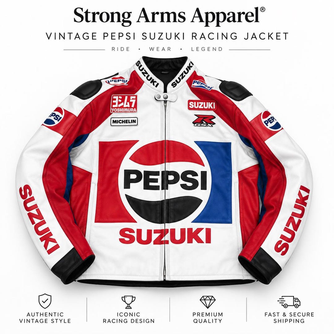 Pepsi Suzuki Racing Leather Jacket, Motorcycle Biker Jacket, CE