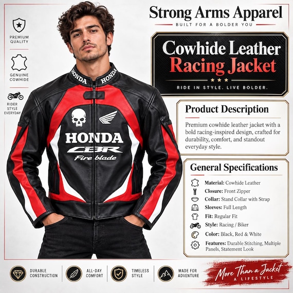 Honda CBR Fireblade Inspired Cowhide Leather Racing Jacket CE