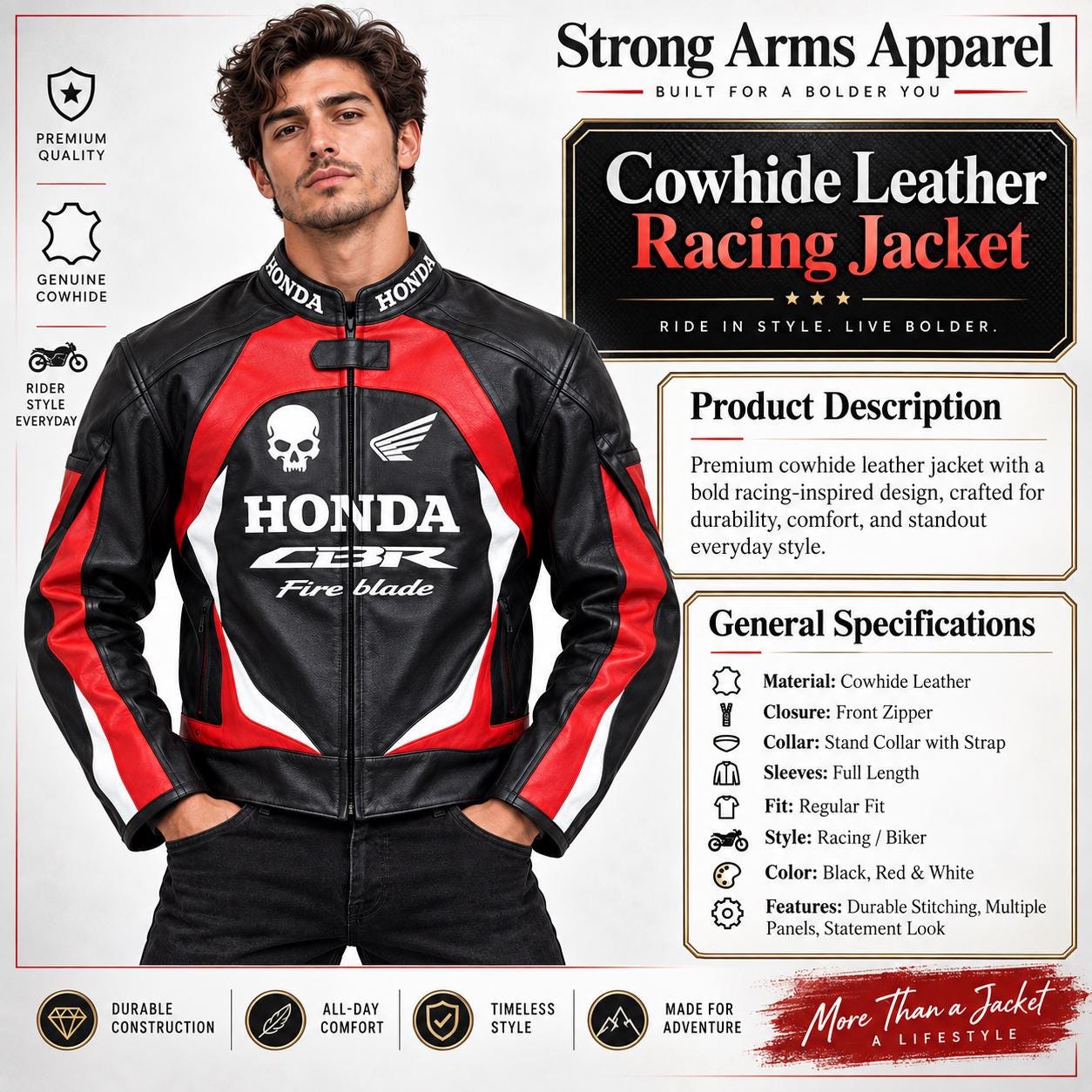 Honda CBR Fireblade Inspired Cowhide Leather Racing Jacket CE