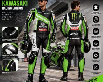 Kawasaki Racing Suit, 1.2mm Cowhide Leather, CE Armor Protection