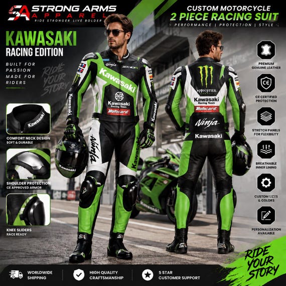 Kawasaki Racing Suit, 1.2mm Cowhide Leather, CE Armor Protection