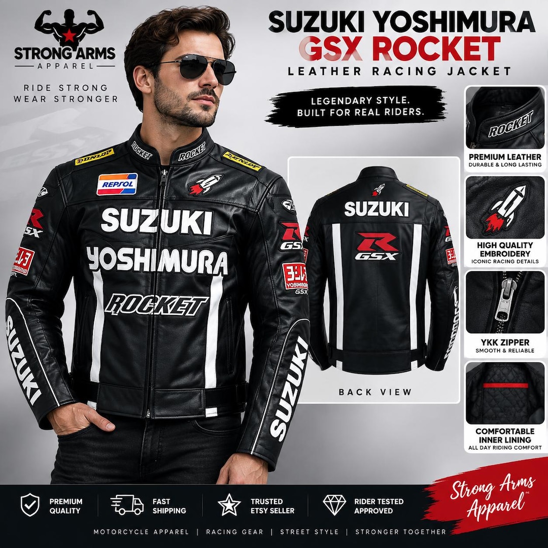 Custom Suzuki GSXR Leather Racing Jacket, CE Armor, Black Cowhide