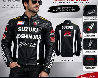 Custom Suzuki GSXR Leather Racing Jacket, CE Armor, Black Cowhide