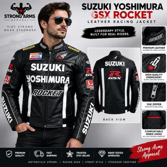 Custom Suzuki GSXR Leather Racing Jacket, CE Armor, Black Cowhide
