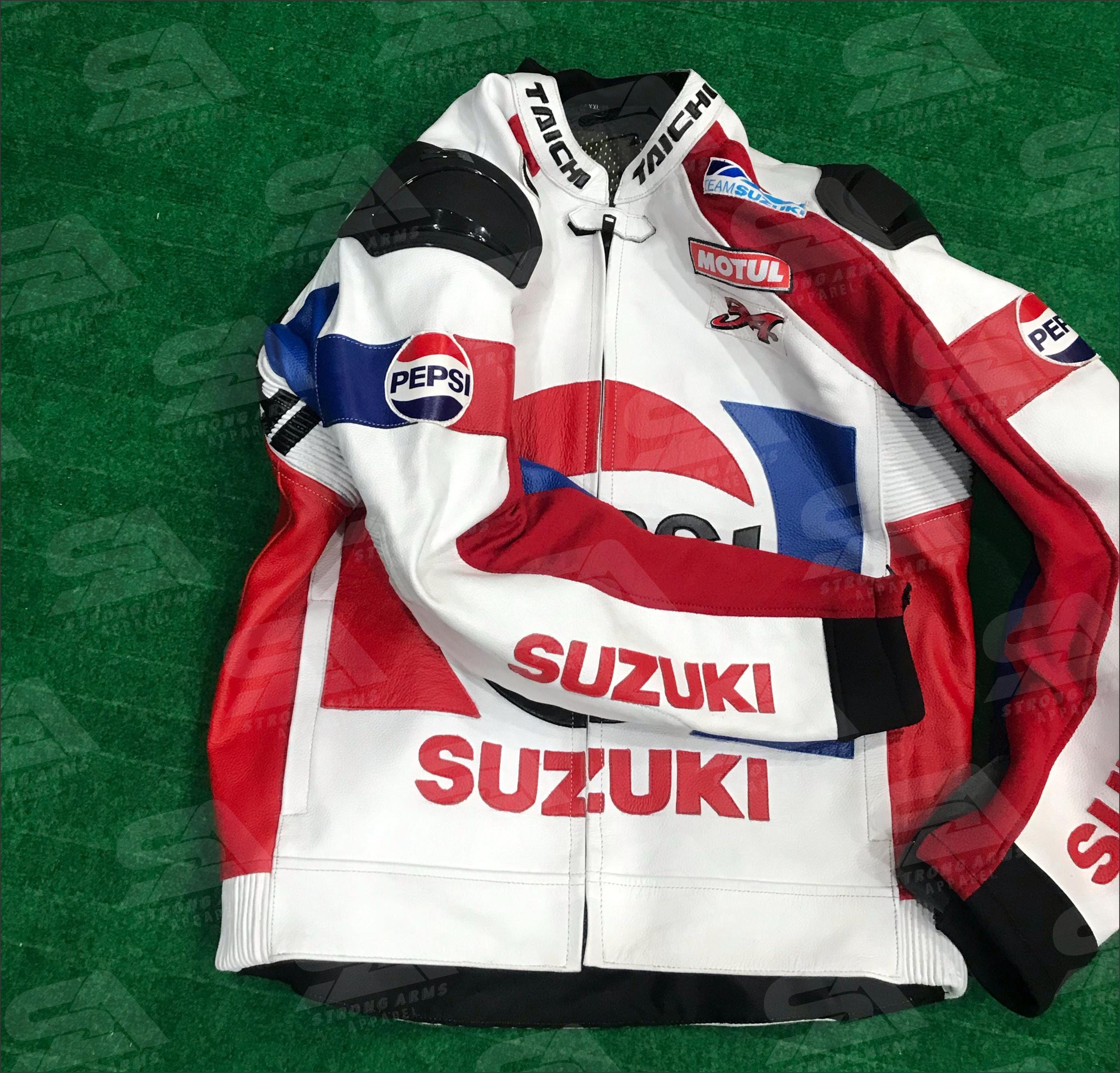 Pepsi Suzuki Racing Leather Jacket, Motorcycle Biker Jacket, CE