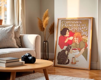 Vintage French Chocolate Poster, Kitchen Wall Art, Parisian Café Style, Retro Home Decor Print
