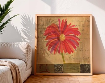 May include: A framed floral art print featuring a large red gerbera daisy with a yellow center. The artwork has a vintage aesthetic with handwritten script and a decorative border. The print is displayed in a light wood frame.