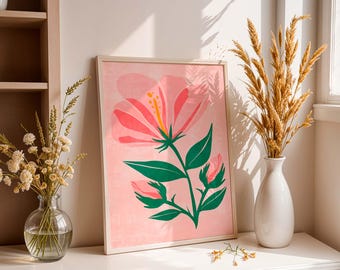 Pink Floral Poster: Minimalist Retro Botanical Wall Art