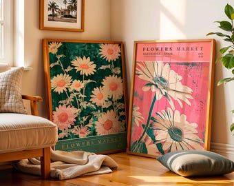 Pósteres del Mercado de Flores de Margarita: Arte mural bohemio vintage (Descarga digital)