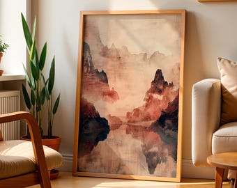 Mountain Landscape Art Print, Boho Earth Tones, Serene Nature Decor