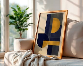 Mid Century Geometric Wall Art: Navy Blue & Mustard Abstract Print
