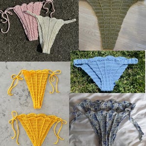 Puede incluir: Una colecci&oacute;n de braguitas de bikini de ganchillo hechas a mano en varios colores. Las braguitas tienen un borde festoneado y cierres de lazo. Los colores incluyen rosa, crema, verde oliva, azul, amarillo y un patr&oacute;n moteado azul y blanco.