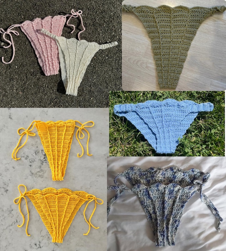 Puede incluir: Una colecci&oacute;n de braguitas de bikini de ganchillo hechas a mano en varios colores. Las braguitas tienen un borde festoneado y cierres de lazo. Los colores incluyen rosa, crema, verde oliva, azul, amarillo y un patr&oacute;n moteado azul y blanco.