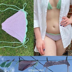 Puede incluir: Conjunto de bikini de ganchillo hecho a mano en lavanda y verde menta. La parte superior e inferior se muestran por separado, con la parte superior sobre la hierba y la inferior colgada en un tendedero. El bikini tiene un dise&ntilde;o de borde festoneado.
