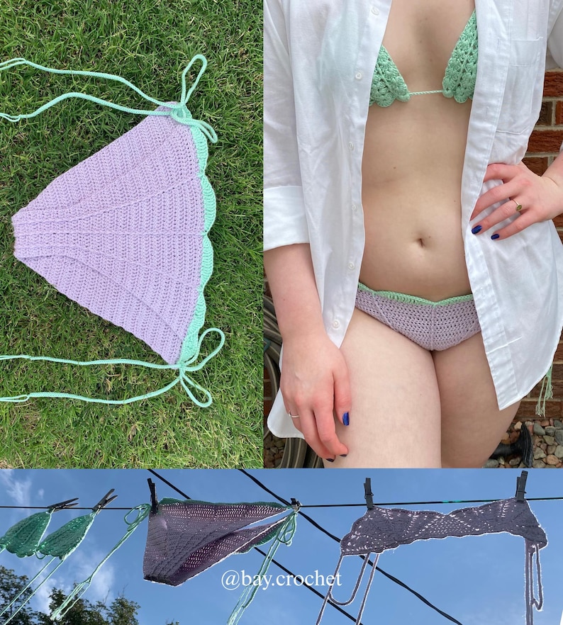 Puede incluir: Conjunto de bikini de ganchillo hecho a mano en lavanda y verde menta. La parte superior e inferior se muestran por separado, con la parte superior sobre la hierba y la inferior colgada en un tendedero. El bikini tiene un dise&ntilde;o de borde festoneado.