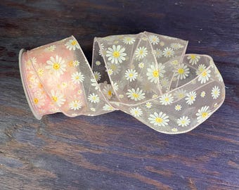 2.5" Sheer Pink Floral Print Ribbon with Wired Edges – 10-Yard Spool