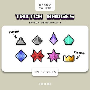 Könnte beinhalten: Eine digitale Sammlung von Pixel-Art-Twitch-Abzeichen mit dem Titel Twitch Gems Pack 1, die 39 Stile umfasst. Das Set enthält verschiedene Edelsteinformen in Grau, Lila, Türkis, Blau, Rot, Pink und Gold, wobei zwei Elemente als extra markiert sind.