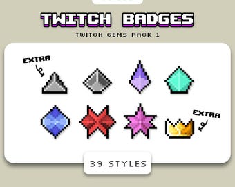 May include: A digital collection of pixel art Twitch badges titled Twitch Gems Pack 1, featuring 39 styles. The set includes various gem shapes in gray, purple, teal, blue, red, pink, and gold, with two items labeled as extra.