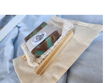 Eco Friendly Soap Gift Set | Handmade Natural Soap Bar, Sisal Soap Bag & Bamboo Dish | Zero Waste Self Care Gift