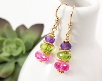 Gemstone Earrings - Amethyst, Peridot, Pink Sapphire and 14k Gold Filled Dainty Drop Earrings - Colorful earrings - Mardi Gras Earrings