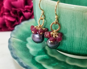 Gray Pearl & Ruby Dangle Earrings - 14k Gold filled - Drop Earrings - Cluster Earrings  - Gemstone Earrings