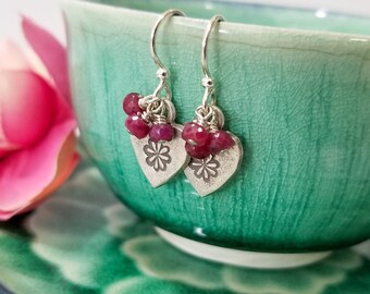 Ruby, Thai Hill Tribe Silver, and Sterling Silver Drop Earrings - Heart Earrings - Floral earrings - Charm Earrings - Love - Valentines
