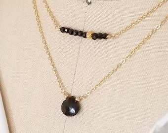 Black Spinel Layering Necklaces, Birthstone Necklace,  Bar Necklace, Briolette, Sterling Silver, 14k Gold Filled