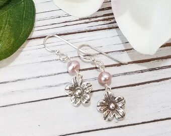 Pink Freshwater Pearl, Thai Hill Tribe Silver, Sterling Silver Drop Earrings, Rose Jewelry, Floral Charm, Gifts for her, Mothers Day, Bridal