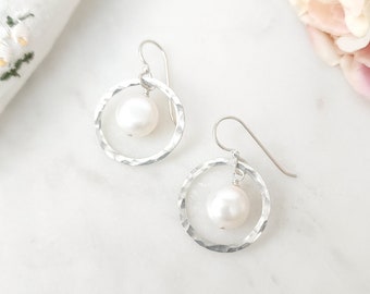 Freshwater Coin/Button Pearl and Sterling Silver Circle Earrings