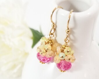 Pink Sapphire, Opal, and 14k Gold Filled Drop Earrings - Cluster earrings - Opal Earrings - Dangle Earrings