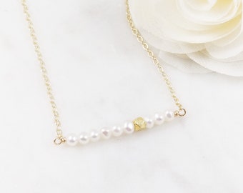 White Pearl Bar Necklace / Birthstone Necklace /  Layering Necklace / Silver / Gold