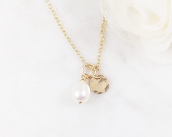 Pearl Birthstone Necklace w/ Hammered Tag - June - Sterling Silver or 14k Gold Filled