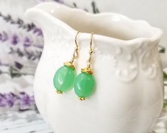 Chrysoprase and 14k Gold Filled Dainty Drop Earrings - Oval Drop Earrings - Green Gemstone Earrings