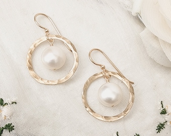 Freshwater Coin/Button Pearl and 14k Gold Filled Circle Earrings