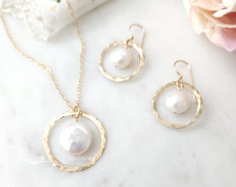 Freshwater Coin Pearl Pendant Necklace & Earring SET in 14k Gold Filled