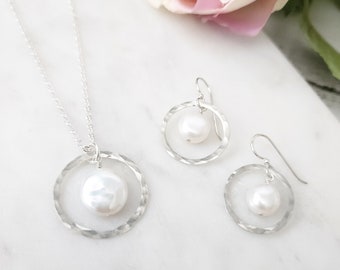 Freshwater Coin Pearl Pendant Necklace and Earring SET in Sterling Silver