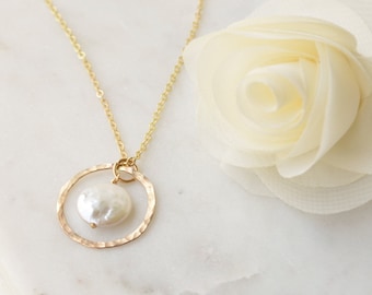 Freshwater Coin Pearl Pendant Necklace - 14k Gold Filled or Sterling Silver