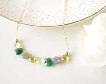 Green and Gold Briolette Bar Necklace