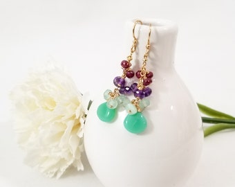 Long Gemstone Dangle Earrings - Ruby, Amethyst, Chalcedony, & Chrysoprase - 14k Gold Filled Drop Earrings - Cluster earrings - Long Drops