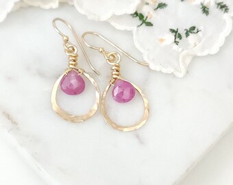 Pink Sapphire & Gold Teardrop Earrings
