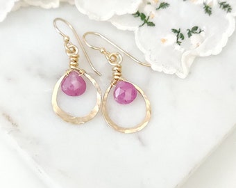 Pink Sapphire & Gold Teardrop Earrings