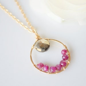 Gold Hoop, Pyrite, & Ruby Necklace image 1