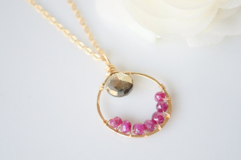 Gold Hoop, Pyrite, & Ruby Necklace image 1