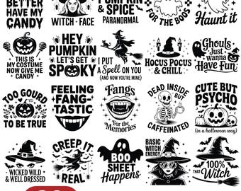 Halloween SVG-paket, roliga läskiga citat, häxa och spökeskelett png, Halloween-tröjdesigner för Cricut och sublimering
