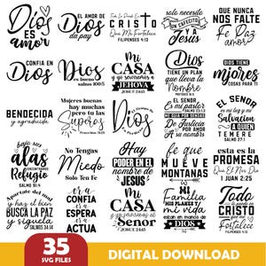 May include: A digital download graphic featuring 35 SVG files with various inspirational quotes and religious phrases in Spanish. The designs include the words "Dios," "amor," and other faith-based messages, all in a black script font.